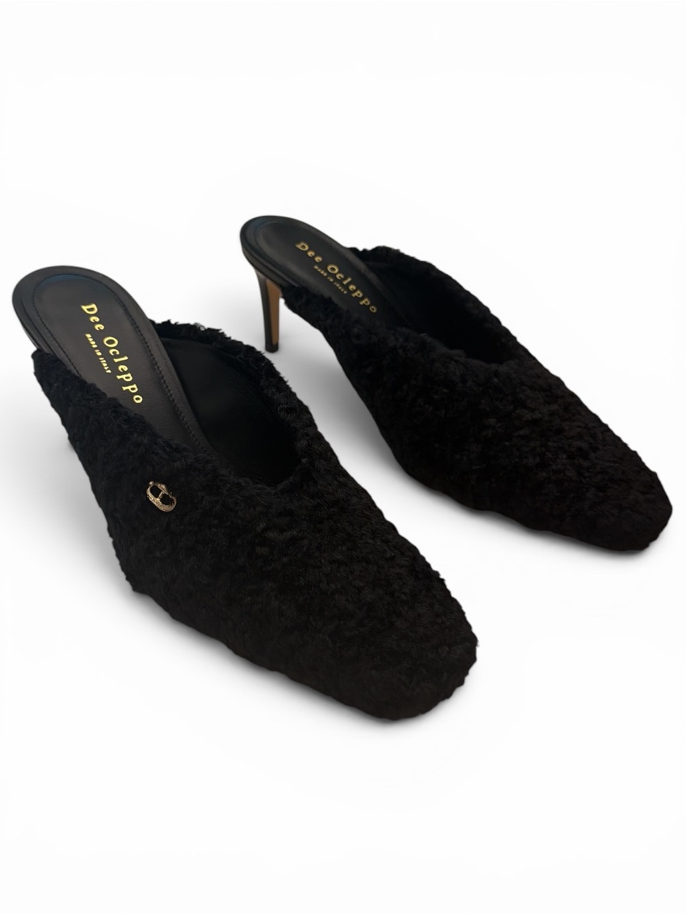Dee Ocleppo Black Shearling Slip-On Mule Heels